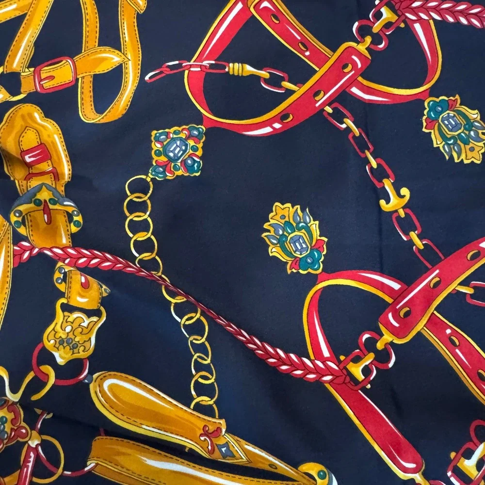 Vintage Equestrian Baroque Chain Print Scarf Navy Teal Gold Silk Like Square